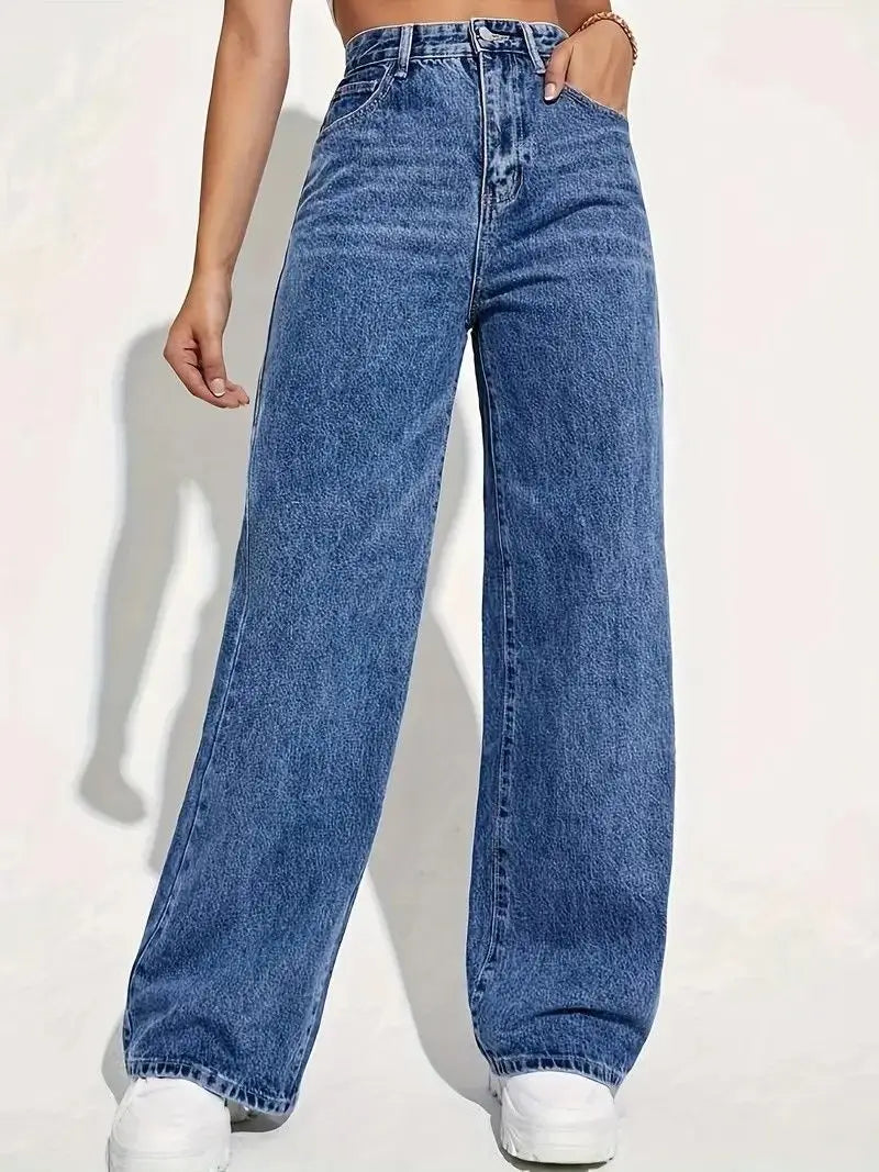 New ForeignWomen's High-Waisted Wide-Leg Jeans - Straight Loose Fit Denim with Elegant Drape Trade