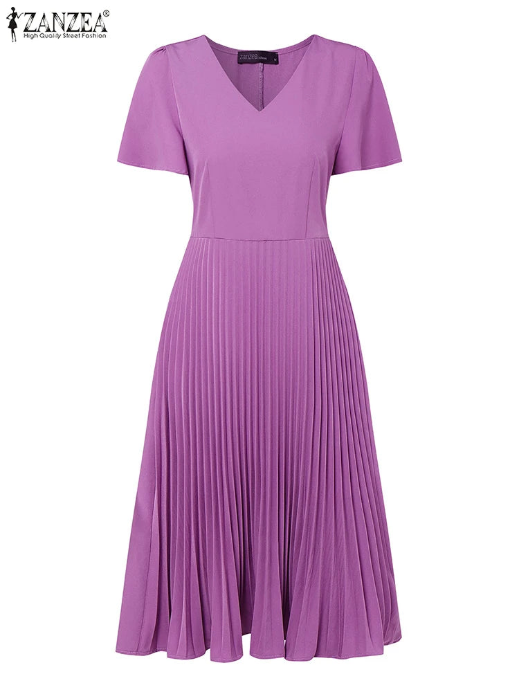 Elegant V Neck Office Work Dresses ZANZEA Women 2025 Summer Dress Solid Pleated Sundress Short Sleeve A Line Party Vestidos Robe