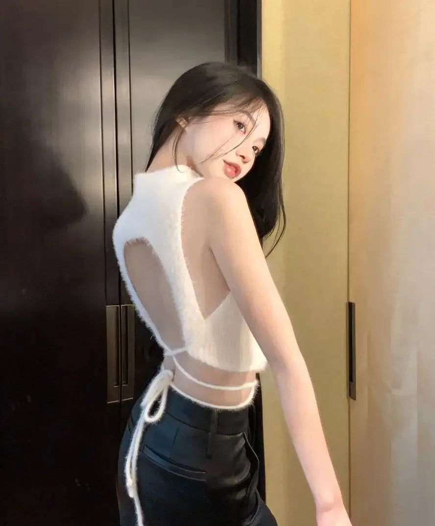 Women Knit Halter Crop Top Furry Lace Up Sleeveless