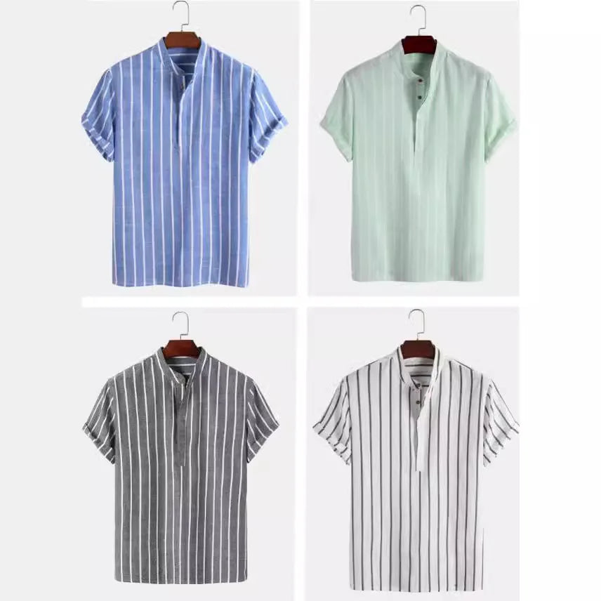 Men's Striped Linen Short Sleeve Shirt - Casual Stand-Up Collar Summer Top