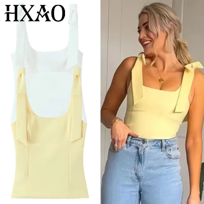 HXAO Butterfly Crop Top Woman Summer Yellow White Slip Top Cute Bow Off Shoulder Tank Top Tanks & Camis Sleeveless Backless Tops