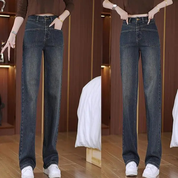 Women's Narrow Straight Leg Jeans  Fall Winter New Plush Lined Thick Korean Retro Relaxed Casual Trousers High Waist Flattering