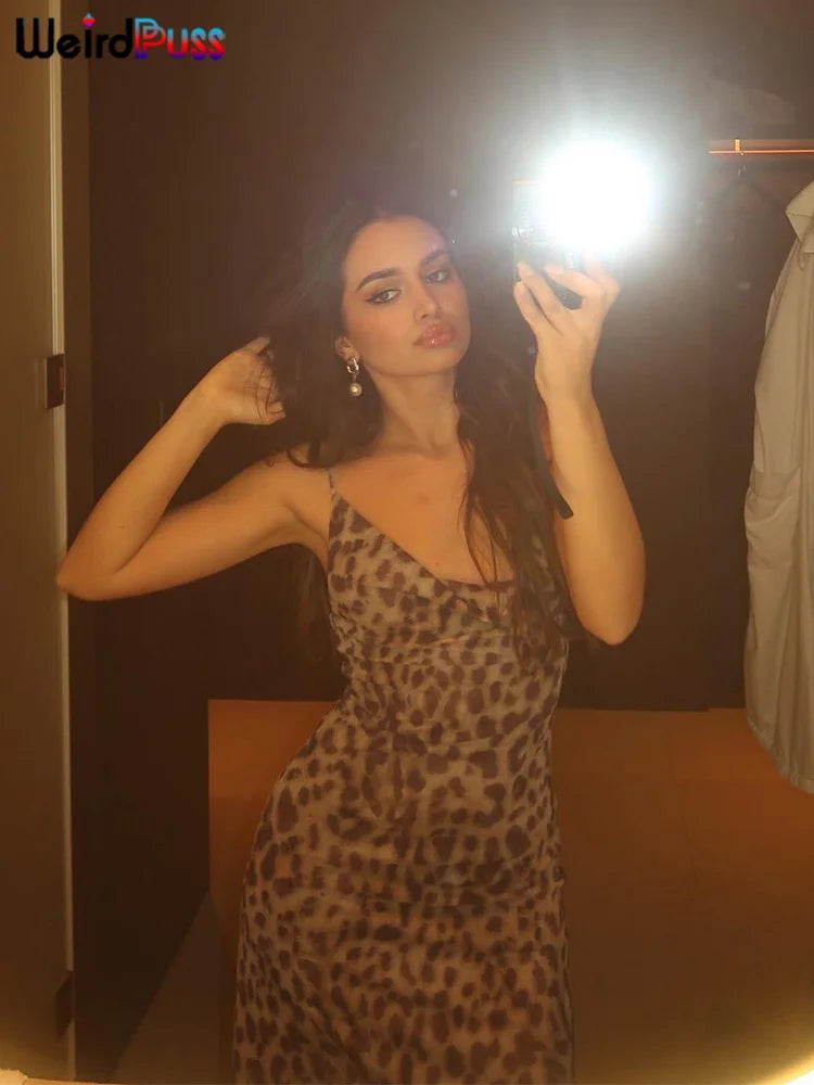 Weird Puss Leopard Print Dress Woman Summer Sexy Swing Collar Spaghetti Straps Backless Ruffles Party Clubwear Skinny Vestidos