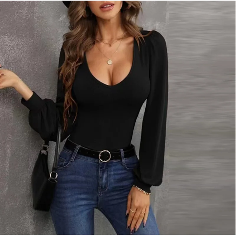 Women’s Sexy U-Neck Long Sleeve Slim Fit Top Solid Color Lantern Sleeve Autumn Fashion
