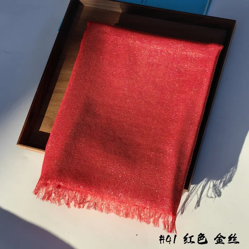 Lastest Brand Design Scarf Shiny Solid Color Shawls Rayon Fabric Gold Silk Silver Wire Head Shawl Fringe Hijab For Women