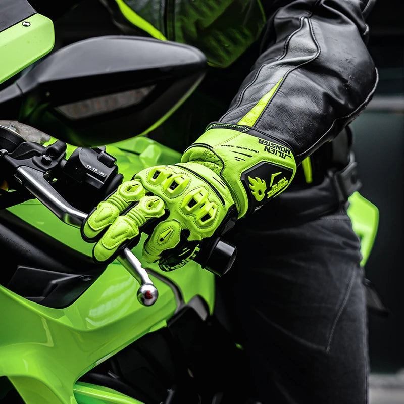 Motorcycle Gloves Full Finger Genuine Leather Long Abrasion-Resistant Riding Gloves with Knuckle Wrist Protection