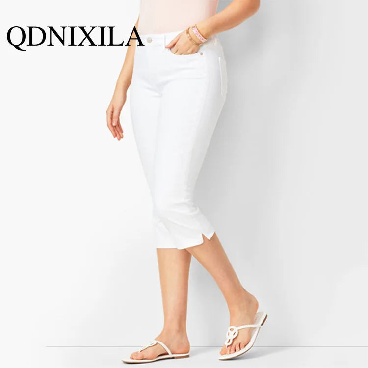 Womens Jeans Black Denim Pants Ladies Cropped Skinny Knee Length Elastic High Waist Mom Oversize