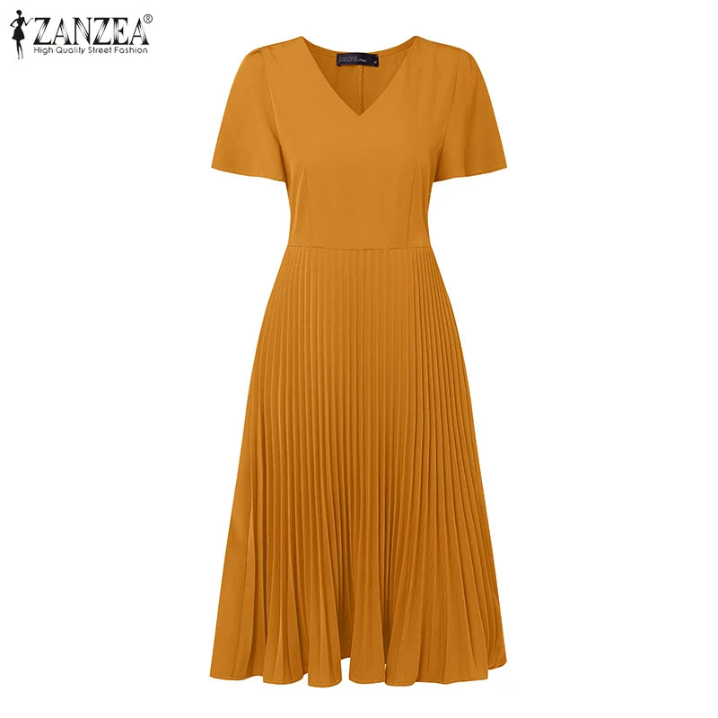 Elegant V Neck Office Work Dresses ZANZEA Women 2025 Summer Dress Solid Pleated Sundress Short Sleeve A Line Party Vestidos Robe
