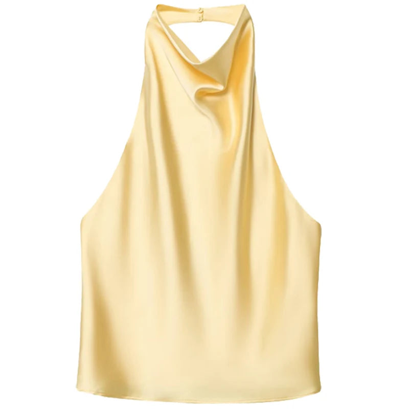HXAO 2025 Women Satin Halter Top Summer Black Yellow Tanks & Camis Off Shoulder Crop Tank Top Fashion Sleeveless Backless Vests