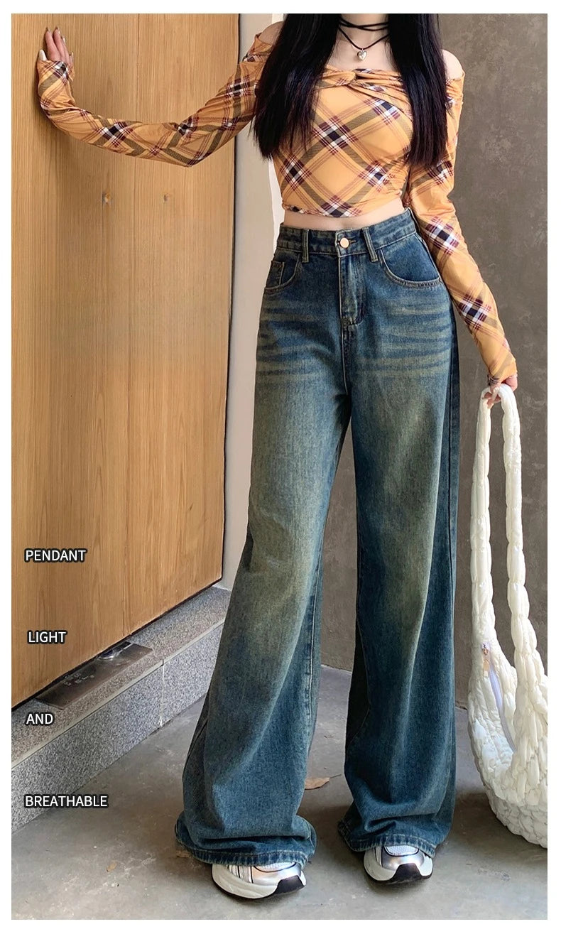 Womens Jeans Denim Pants 2025 Euramerican High Waist Girl Style Colorful Straight Leg Wide Leg Trousers