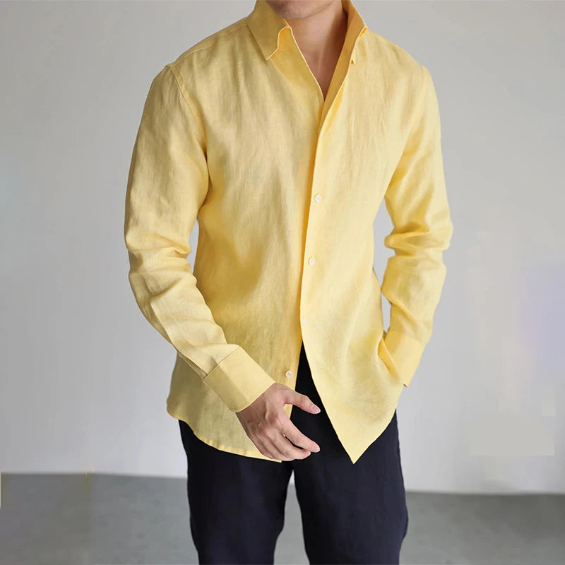 Men's Casual Long Sleeve Linen Cotton Shirt – Black/White Classic Baggy Top, Plus Size Fashion Clothing