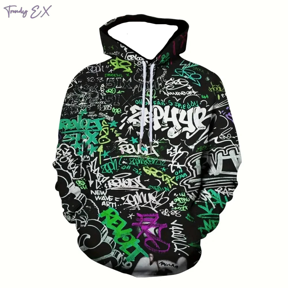 Men’s Oversized Hoodie Sweatshirt – Graffiti Print, Casual Long Sleeve with Kangaroo Pocket