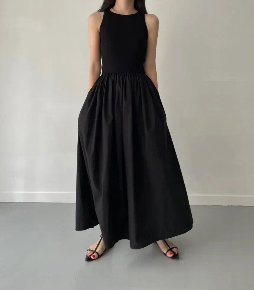 Women Black Long Dress Sleeveless Round Neck Elegant Style