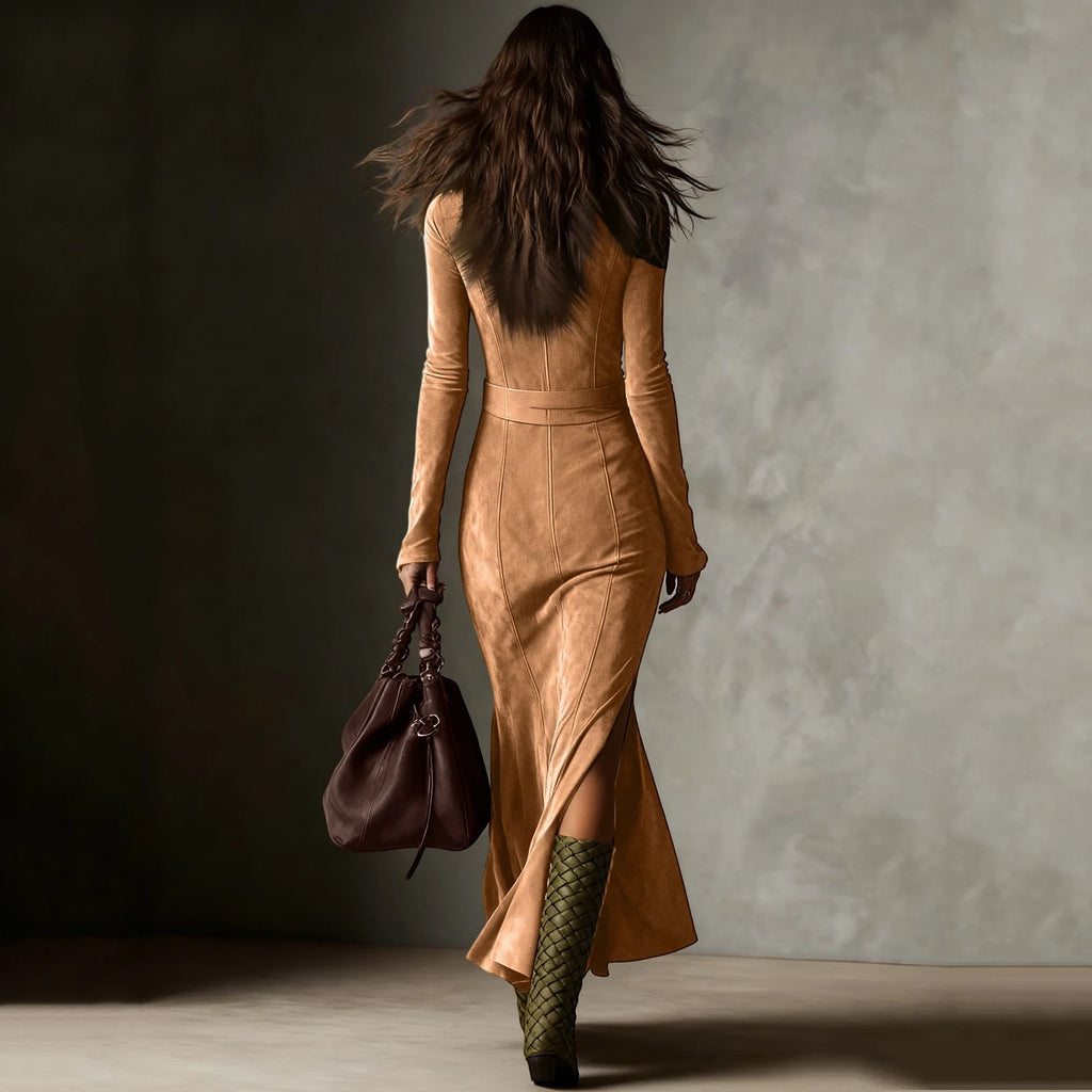 Women's Ruched Wrap Maxi Shirt Dress - Long Sleeve High Slit Ruffle Hem