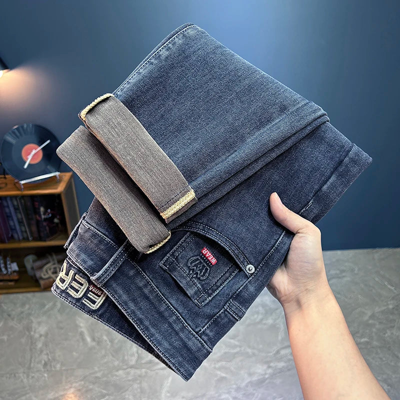 Men's Loose Straight Leg Jeans - Slightly Stretch Casual Denim Pants, Blue/Black