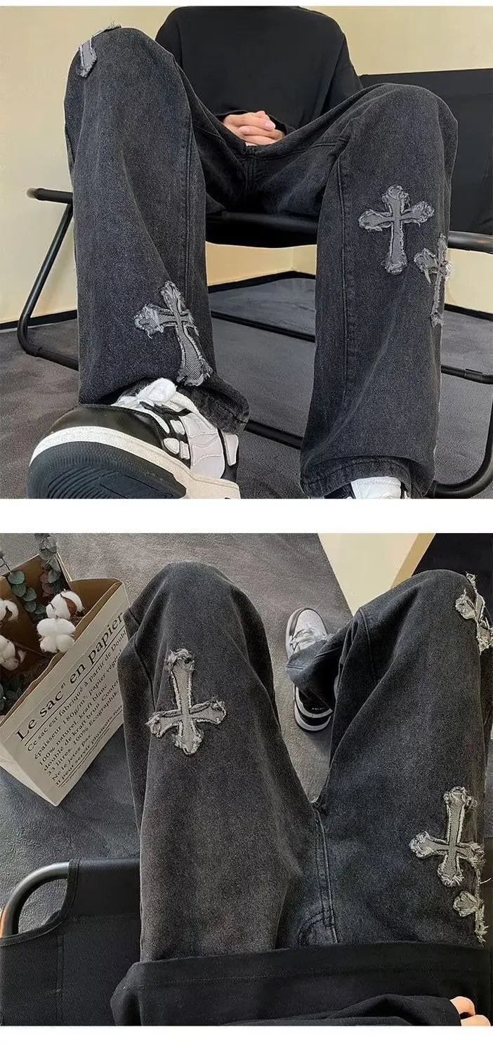 Mens Straight Loose Denim Jeans Cross Embroidery Black Blue Casual Pants