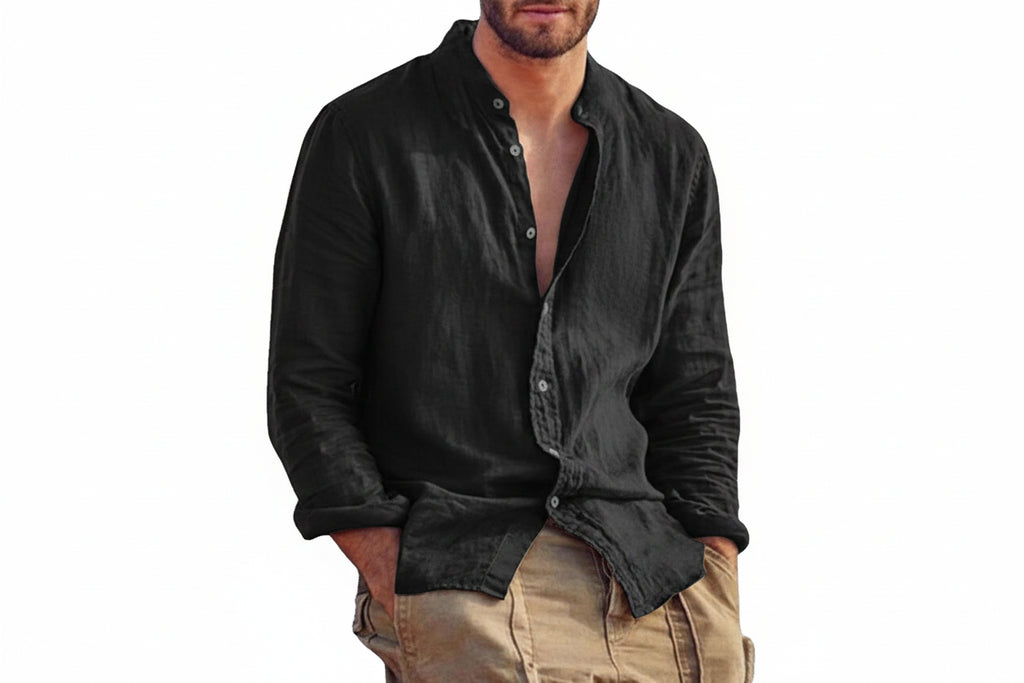 Men’s Linen Long Sleeve Shirt Solid Color Stand Collar Casual Lightweight Breathable Top