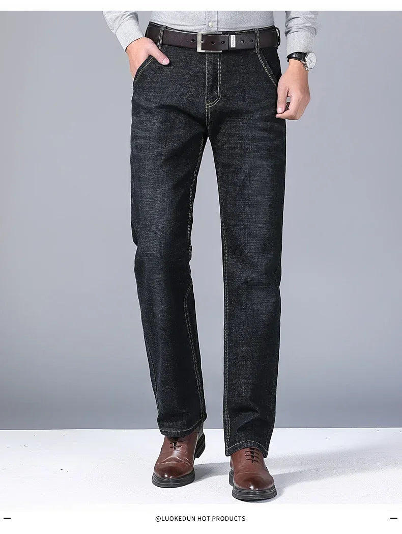 Men's Classic Straight Leg Stretch Jeans - Casual Work Denim Trousers in Blue & Black