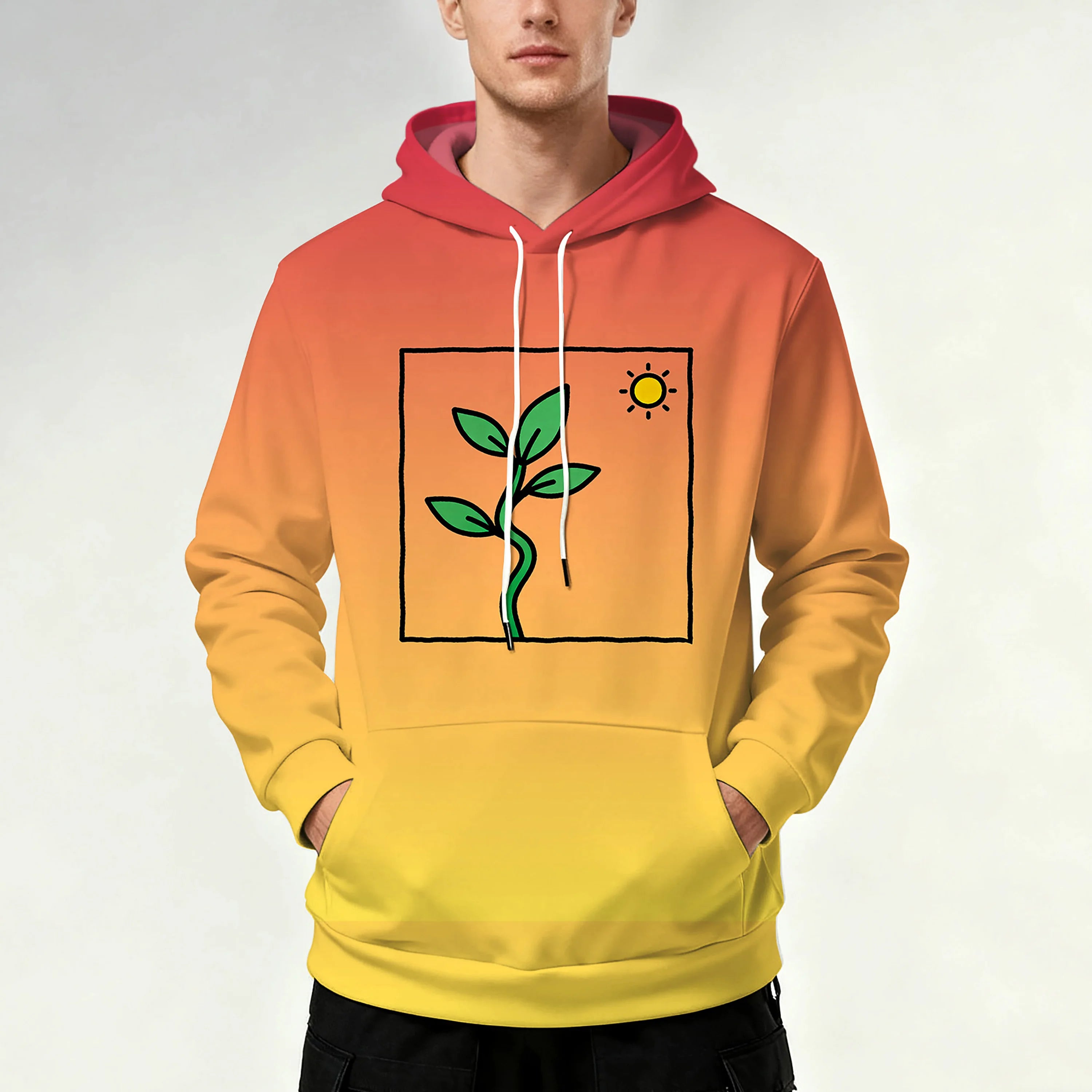 Men's hooded sweatshirt with drawstring pockets, sporty and stylish design with leaf pattern.