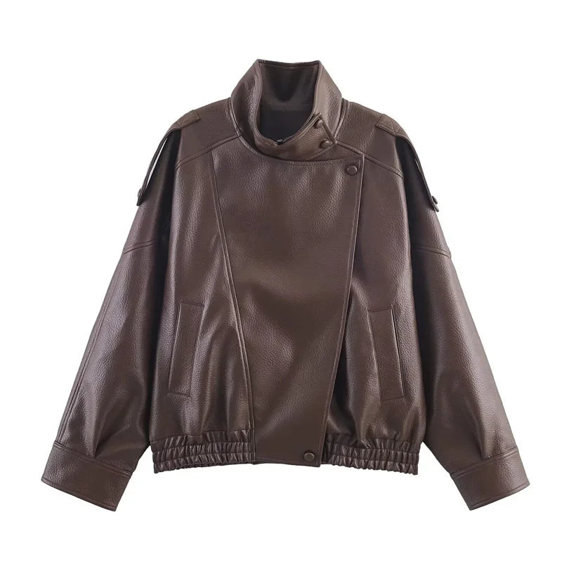 Womens Jacket Fall 2025 New Black Long Sleeve Pebble Faux Leather Motorcycle Style Fashion