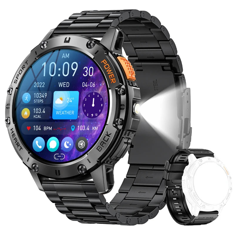 AMOLED Smart Watch for Men – Waterproof Sports Fitness Tracker with Flashlight & Bluetooth Call + Box
