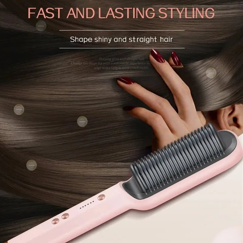 KSKIN 2-in-1 Hair Straightener Brush - Ionic Ceramic Hair Flat Iron Comb,Pink