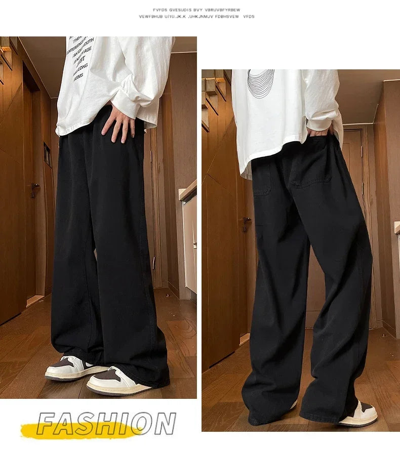 Mens Black Gray Loose Straight Wide Leg Jeans Casual Pantslue