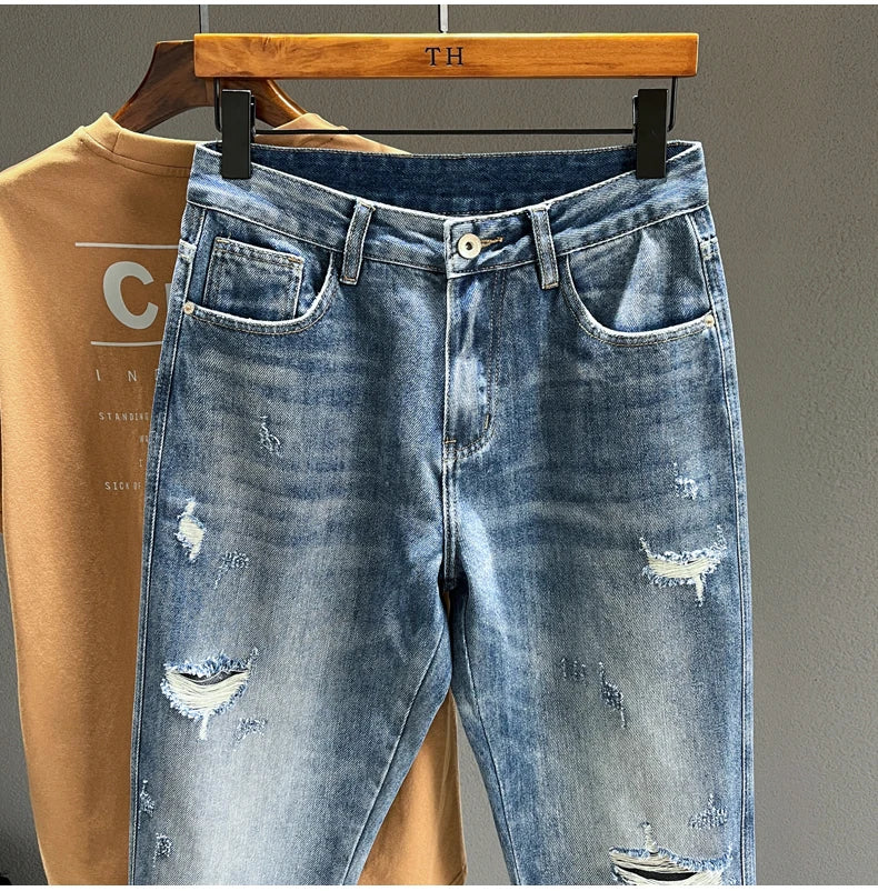 Ripped Jeans Men New Personality Fashion Vintage Blue Streetwear Baggy Denim Pants Casual Tapered Hole Frayed Trousers Male