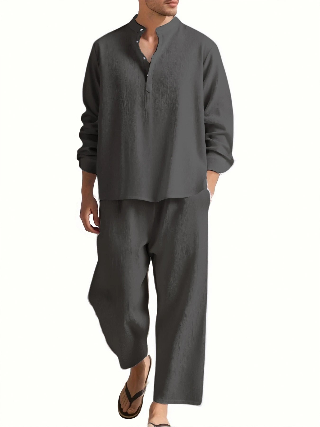 Men’s Long Sleeve Shirt and Pants Set Solid Color Tracksuit Beach Vacation Wear