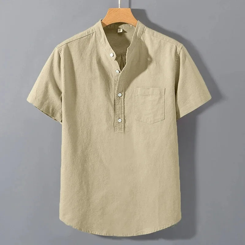 Men’s Short Sleeve Stand Collar T-Shirt Solid Color Loose Fit Summer Cotton Top