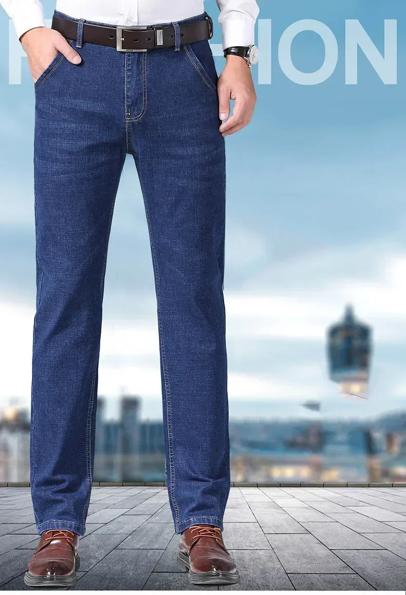 Men's Classic Straight Leg Stretch Jeans - Casual Work Denim Trousers in Blue & Black