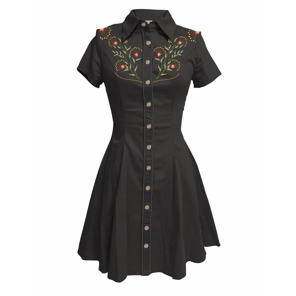 Western Vintage Flower Printed Western Cowboy Dress Women Button-down Dress Short Sleeves 100% Cotton Dress Summer Streetwear