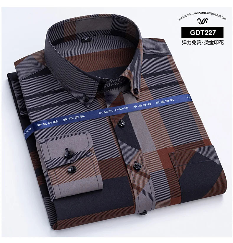 Men's Slim Fit Dress Shirt Non Iron Anti Wrinkle Plaid Business Casual Long Sleeve