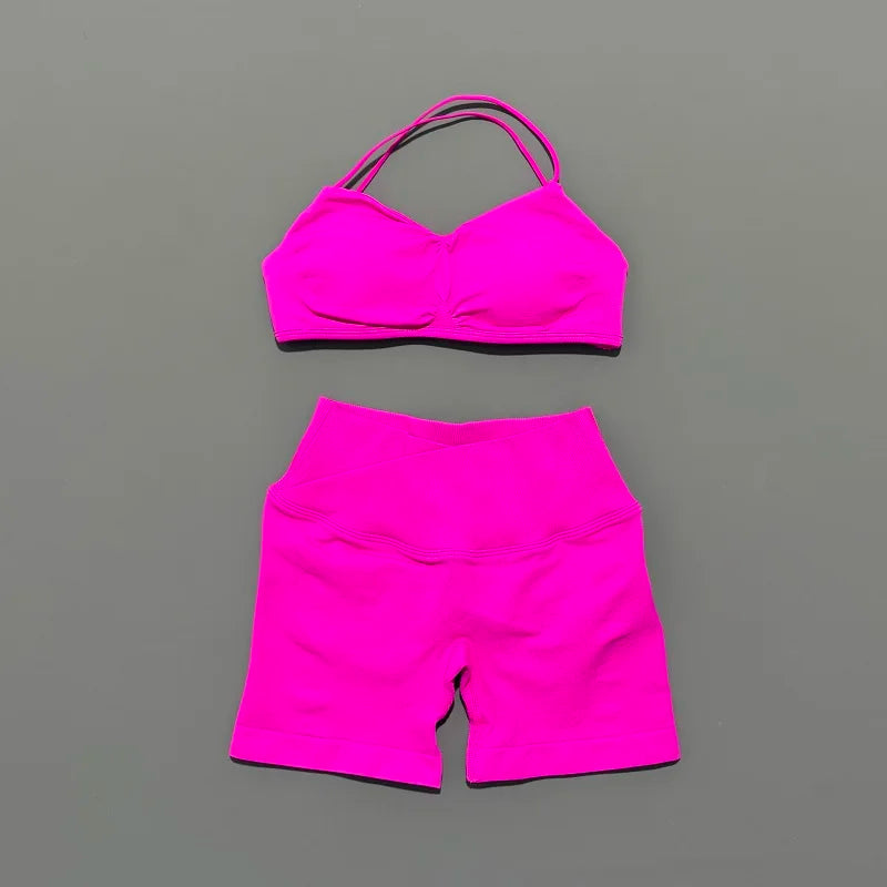 Women’s Seamless Workout Set - High Waist Scrunch Shorts & Crop Bra - 2PC Gym Suit