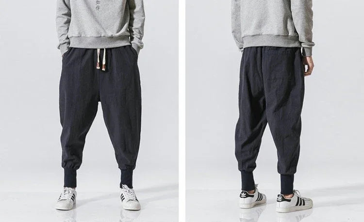 Men’s Cotton Linen Harem Pants - Baggy Drop-Crotch Streetwear Joggers