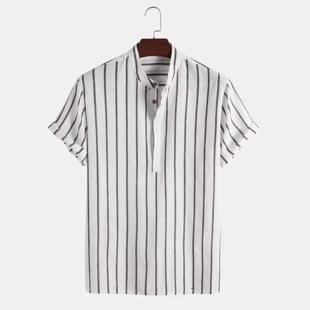 Men's Striped Linen Short Sleeve Shirt - Casual Stand-Up Collar Summer Top