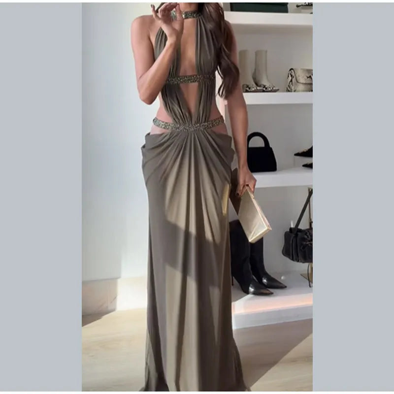 Women’s Sequin Halter Neck Sleeveless Backless Evening Maxi Dress