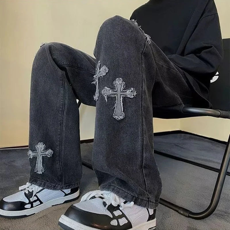 Mens Straight Loose Denim Jeans Cross Embroidery Black Blue Casual Pants