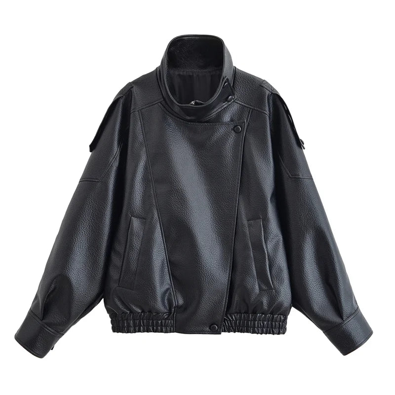 Womens Jacket Fall 2025 New Black Long Sleeve Pebble Faux Leather Motorcycle Style Fashion