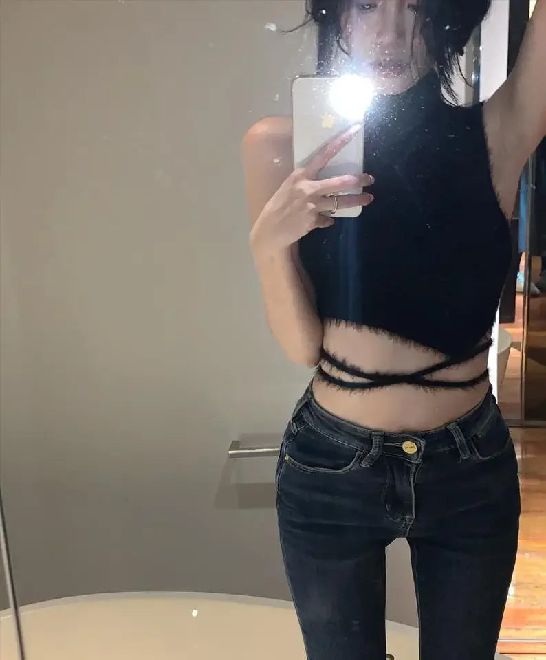 Women Knit Halter Crop Top Furry Lace Up Sleeveless