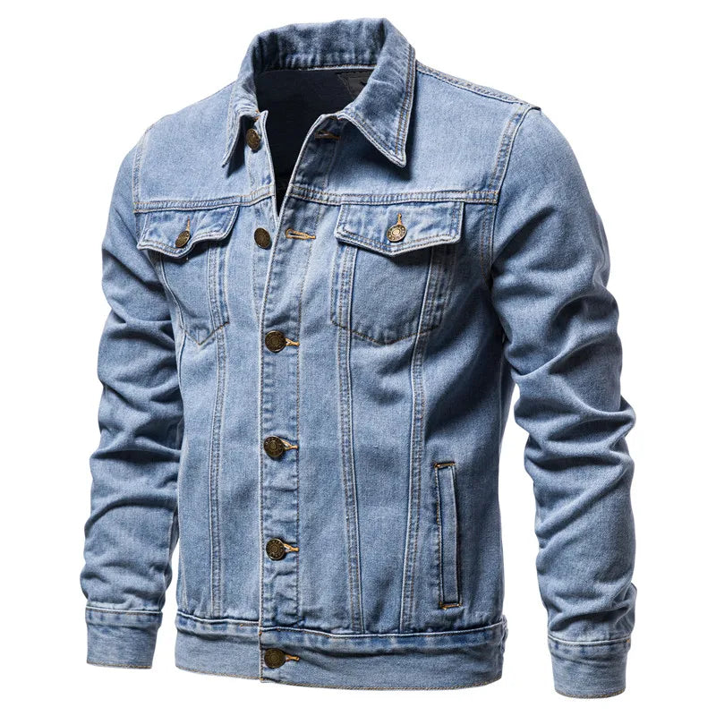Men Solid Denim Jacket Slim Fit Vintage Casual Motorcycle Style Autumn Cotton Coat
