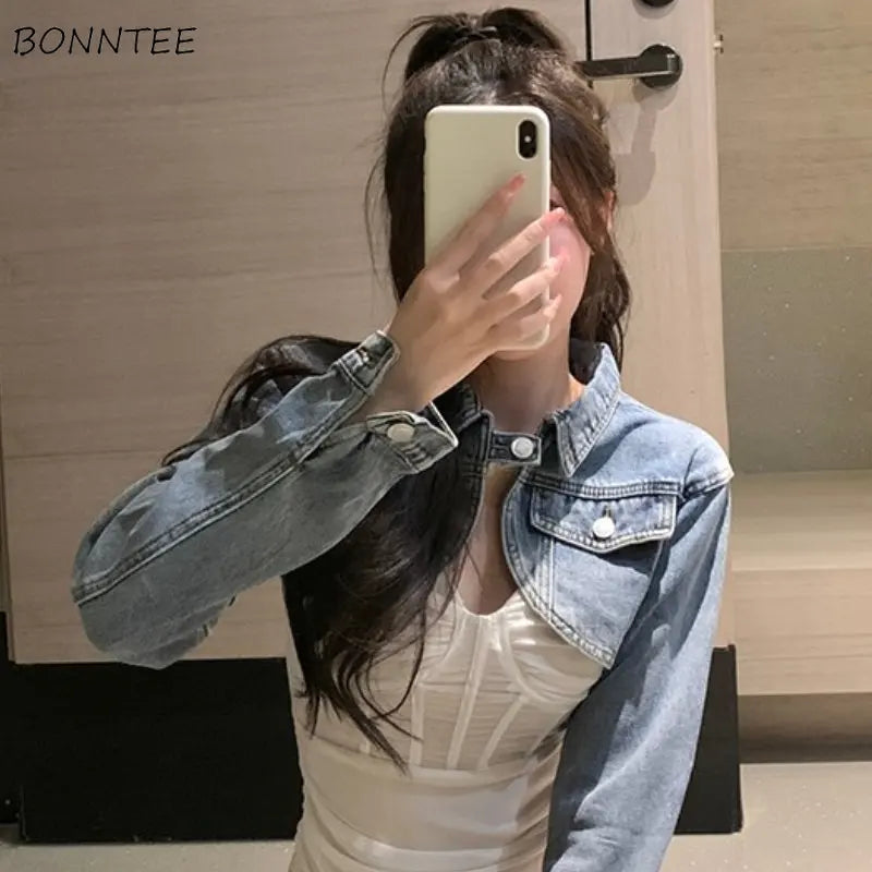 Women Cropped Denim Jacket Single Button Vintage Casual Streetwear Spring Fashion