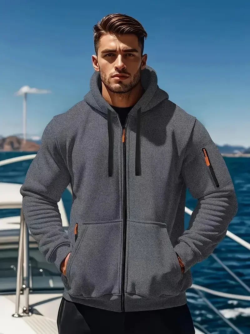Men’s Winter Warm Zip Hoodie – Casual Sweatshirt with Side Pockets for Outdoor Sports