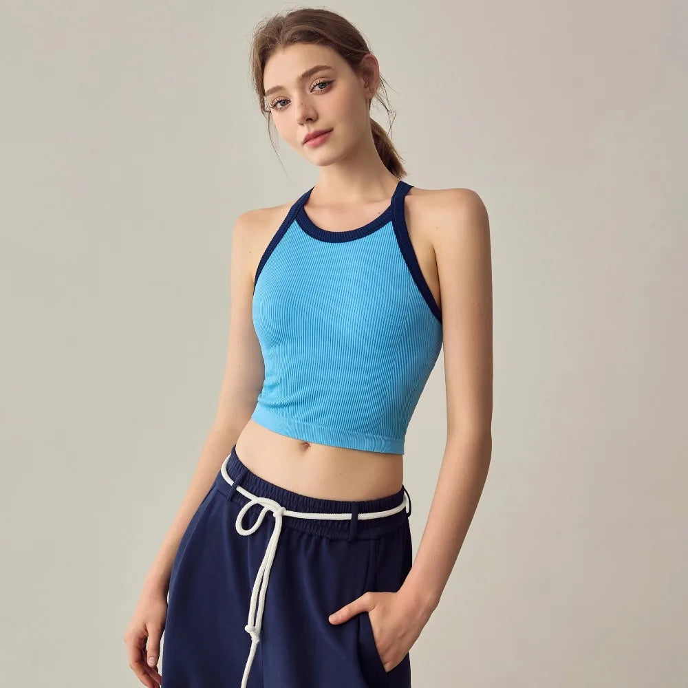 High Neck Sports Tank Top Comfortable Breathable Fitness Top with Chest Cushion Soft Fixed Cup Gym Wear for Women