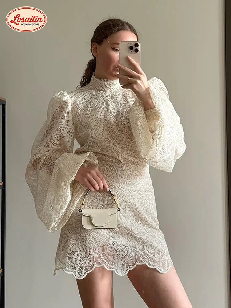 Women’s White Lace Flare Sleeve Top & Mini Skirt Set
