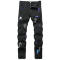 Mens Black Distressed Patch Jeans Elastic Slim Fit Pants