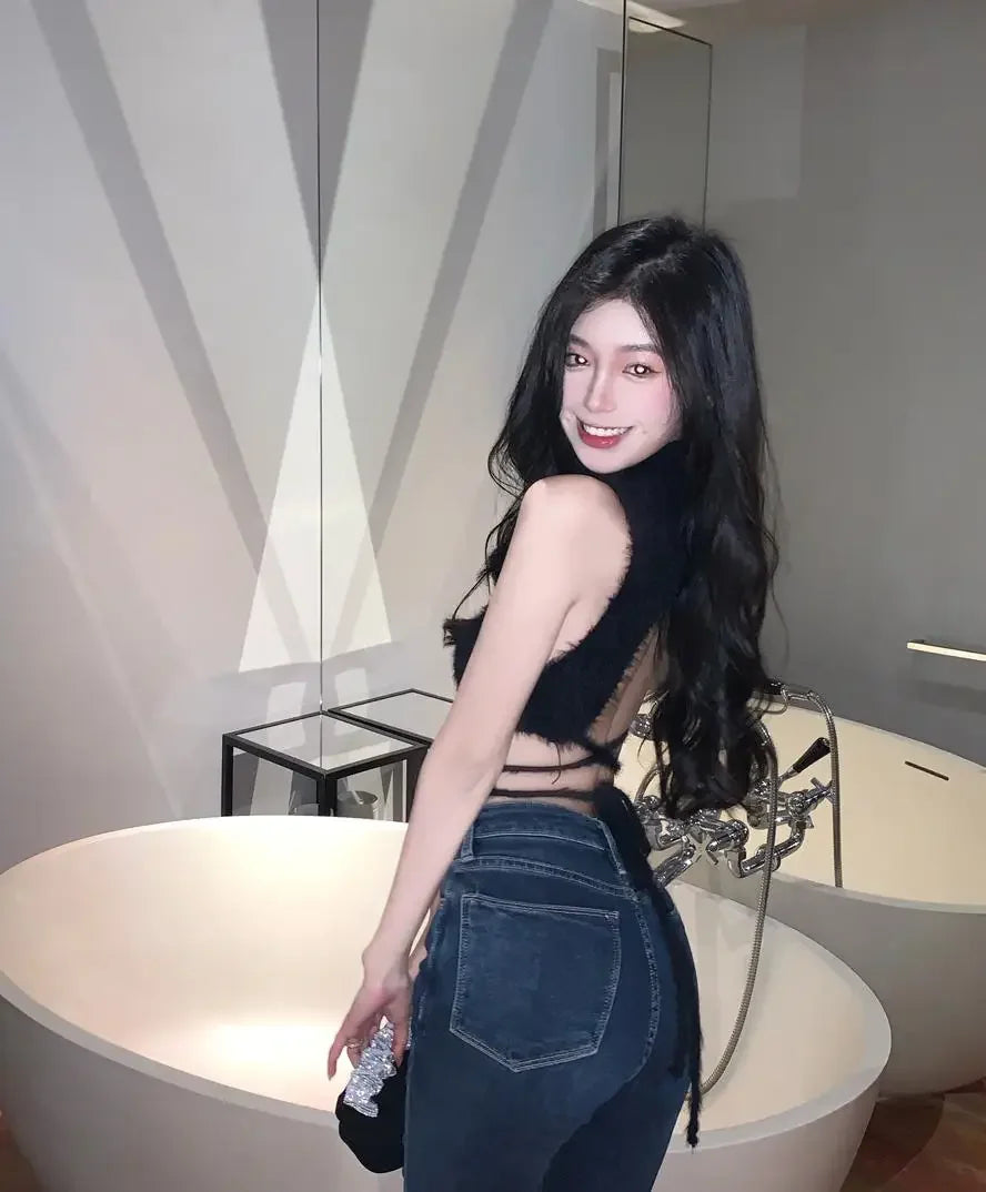 Women Knit Halter Crop Top Furry Lace Up Sleeveless