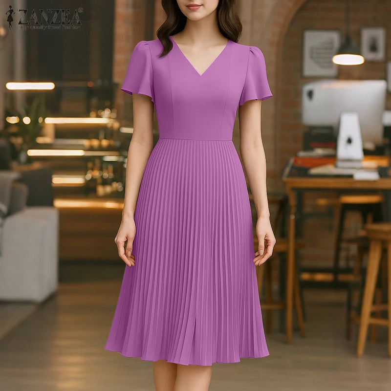 Elegant V Neck Office Work Dresses ZANZEA Women 2025 Summer Dress Solid Pleated Sundress Short Sleeve A Line Party Vestidos Robe