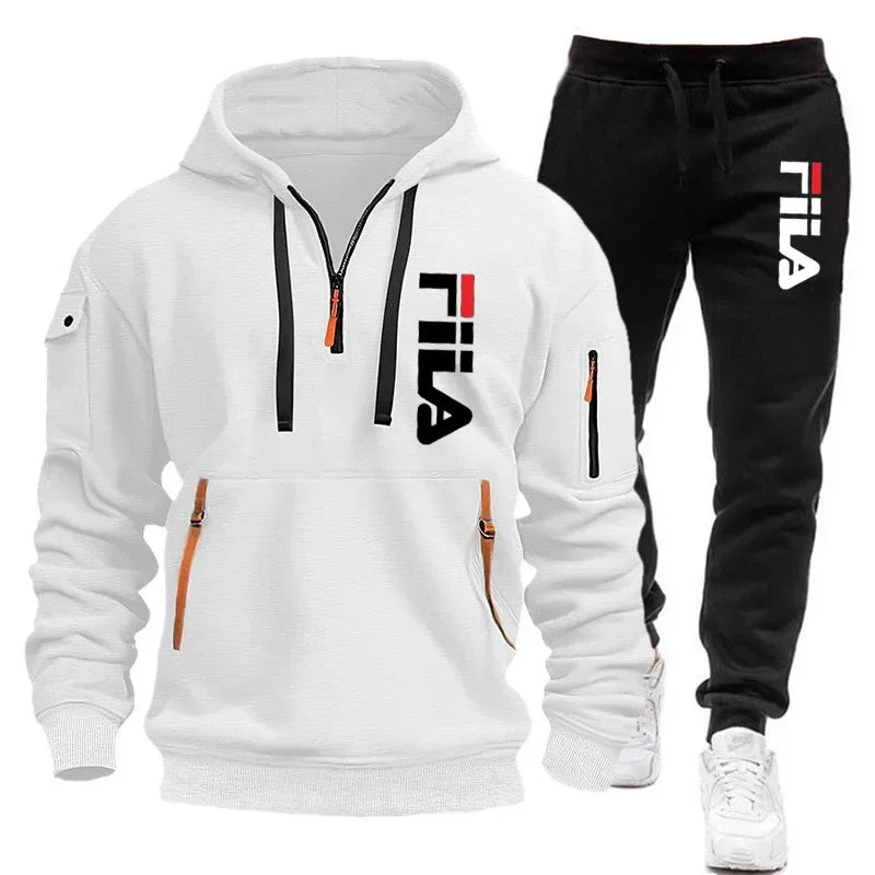 FILA 2026 Men's Autumn Winter Hoodie & Pants Set – Two-Piece Pullover Sportswear, Outdoor Multi-Pocket Sweatshirt