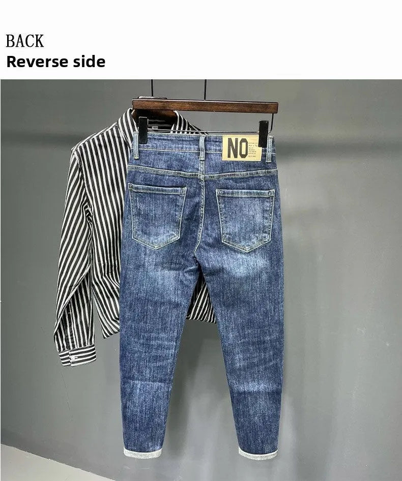 Jeans Men's Spring and Summer New High-end Trend Blue Slim-fitting Pants Brand Korean Streetwear High Street Retro Long Pants - trendingshoping.com